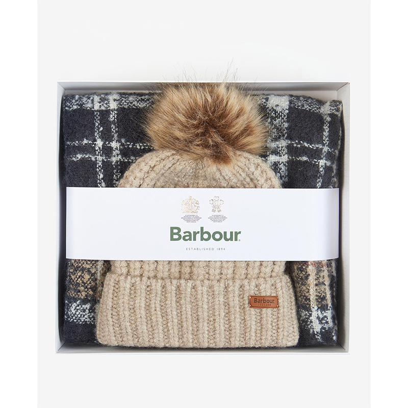 Coffret Barbour Bonnet et Echarpe Beige