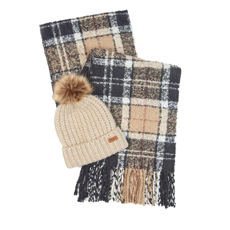 Coffret Barbour Bonnet et Echarpe Beige