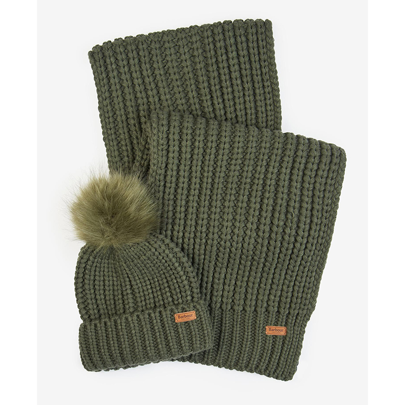 Coffret Barbour Bonnet et Echarpe Olive